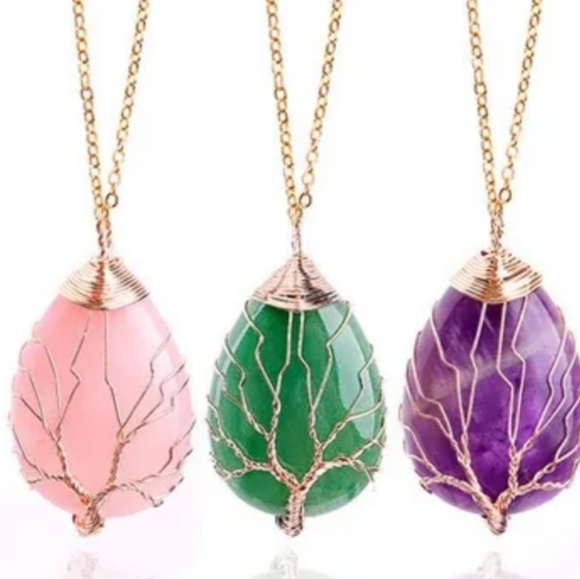 New Rose Quartz Gold Wire-Wrap Tree Necklace - Picture 2 of 2